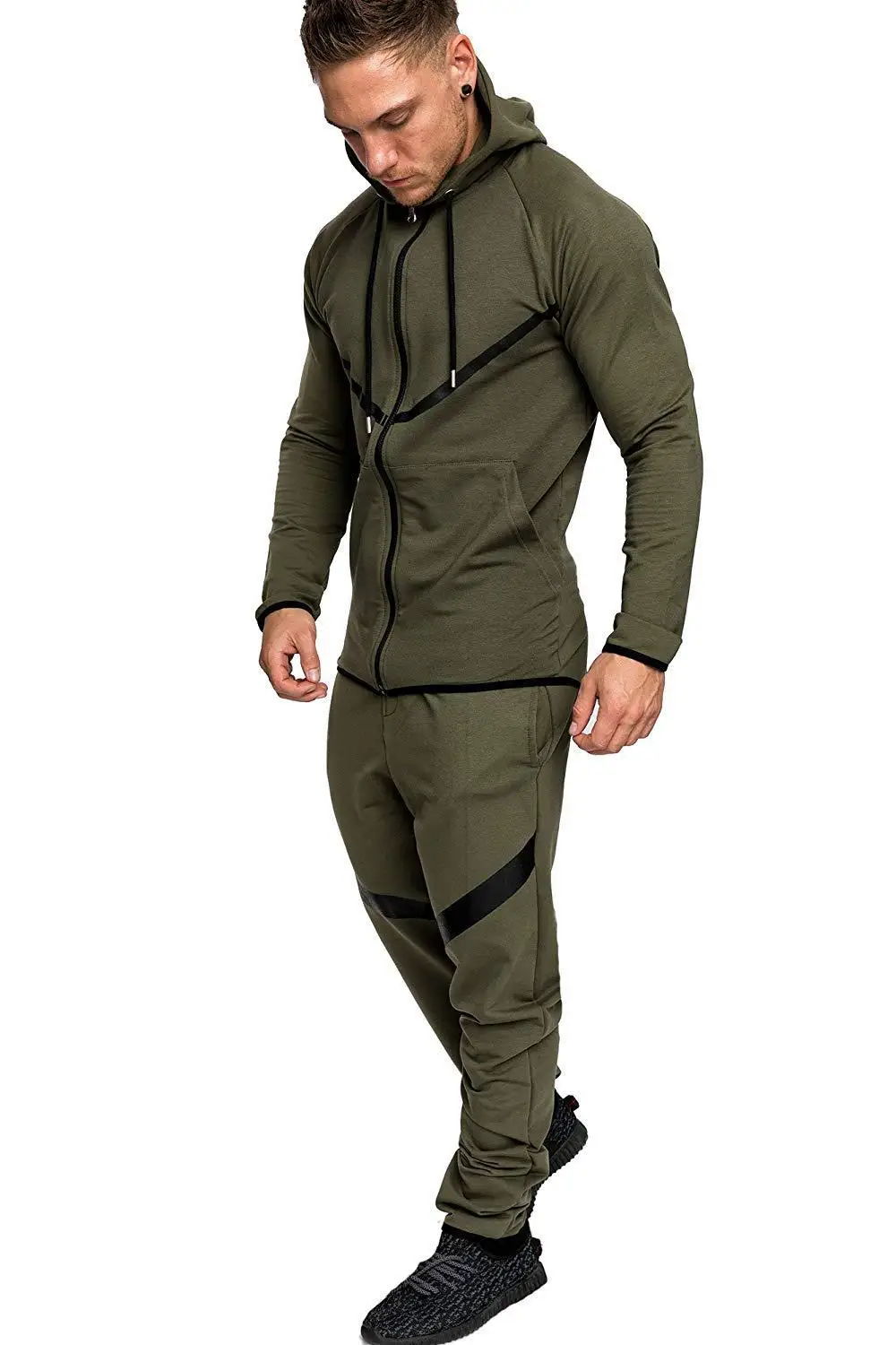 Vanquish Men's Leisure Sports Fitness Suit Foreign Trade Men's Snowflake Split Leather Zipper Design Slim 2-piece Set - Color: Green
