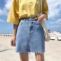 summer women casual high waist a line blue denim skirts solid color daily pocket design button all match high street jeans skirt