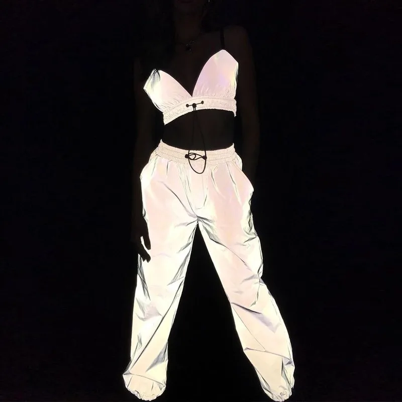 Женский сексуальный светоотражающий серебристый спортивный костюм ночная