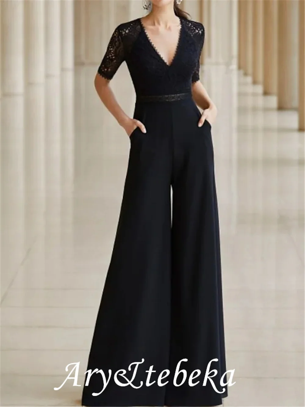

Jumpsuits Mother of the Bride Dress Elegant V Neck Floor Length Chiffon Lace Half Sleeve with Pleats 2021