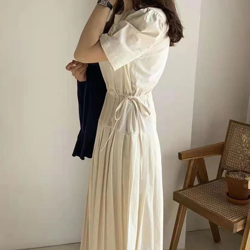 Verano cuello redondo Cordón de encaje-diseño de cintura, Vestido largo de costura, vestido coreano Chic temperamento suave de manga Puff vestido plisado