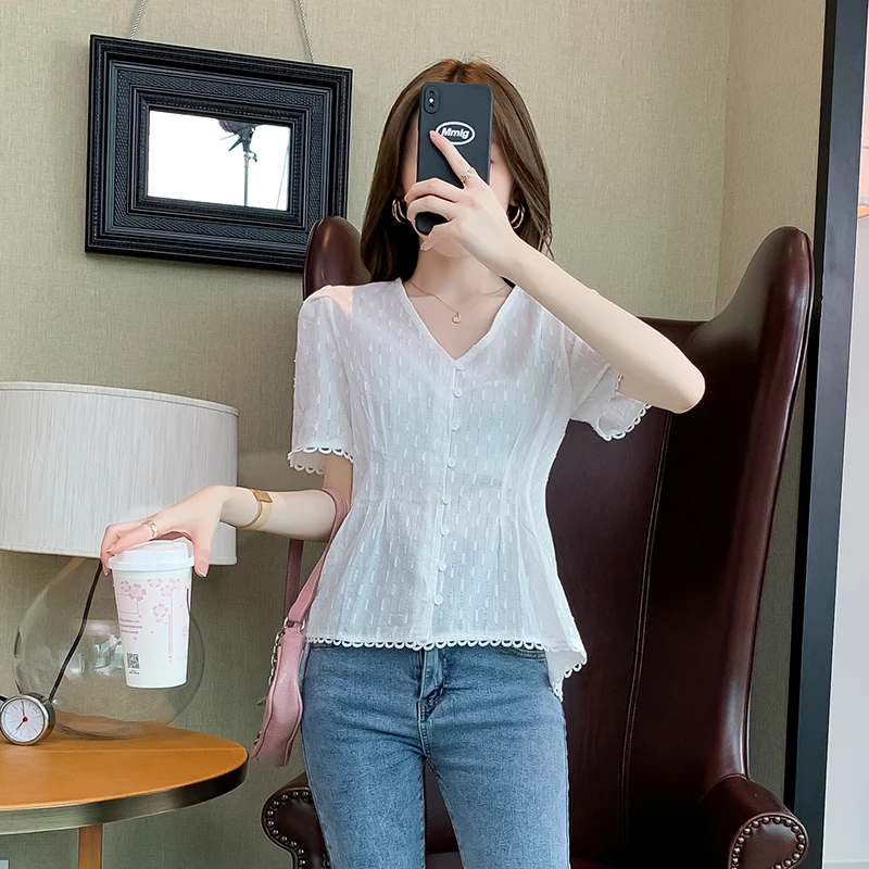 

COIGARSAM Fashion Short Sleeve Shirt korean Womens tops New Summer Loose Lace Chiffon Women shirts White 5130