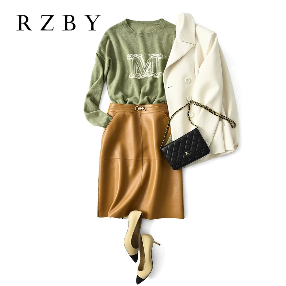 Women Genuine Leather Skirt  High Waist Real Natural Sheepskin 2020 New Elegant Office Lady Work Wear Midi A-line Falda  RZBY289