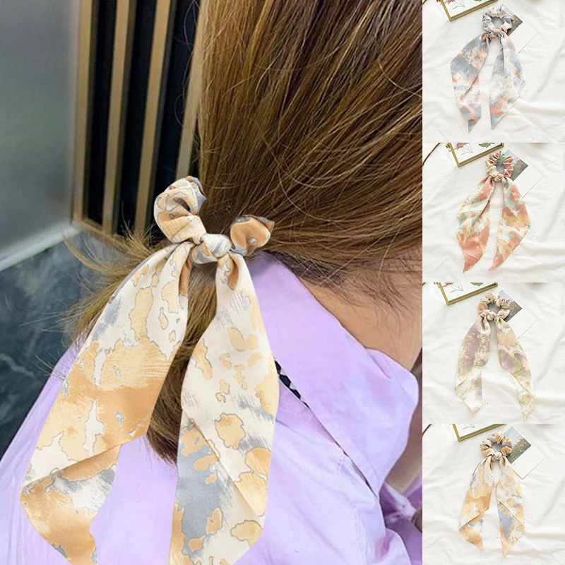 

1PCS Vintage Tie-dye Bow Scrunchies Female Elegant Rabbit Ear Elastic Hair Bands Fashion Soft Chiffon Knotted Hair Ties Rope