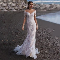 new fashion mermaid wedding dress long sleeves champagne v neck bridal dress with lace appliques custom made beach wedding dress