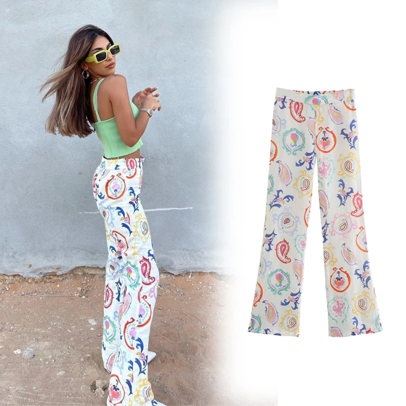 

Women's Spring Autumn Fashion Print Pants Jean Baggy Streetwear High Waist Straight Trousers Loose Retro Bell-bottomed Jeans