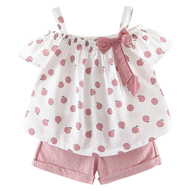 

2021 Summer Baby and Toddler Suspender Bow Cartoon Orange Print Shorts Two Piece Set Kids Clothing