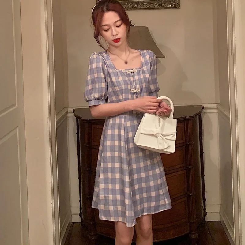 

Women's Mid-length Dress Retro Waist Slimming Square Neck Puff Sleeves 2021