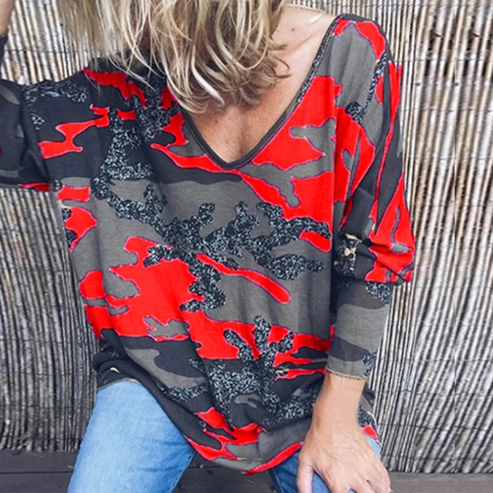 Осень 2020 свободные женские футболки с длинным рукавом камуфляжный принт