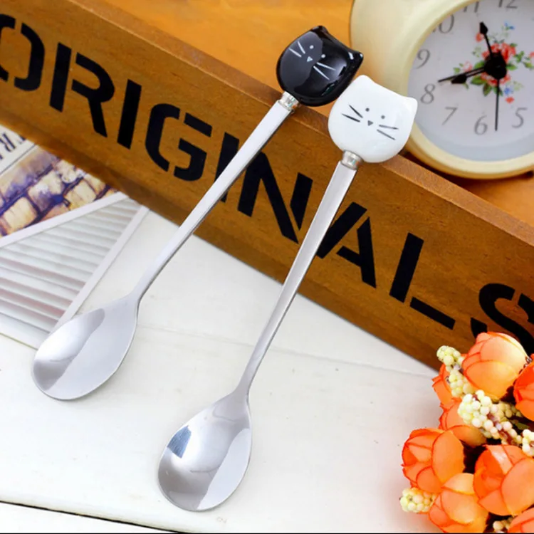 

1PC Cat Ceramic Spoons Stainless Steel Cartoon Ice Cream Sugar Tea Dessert Spoon