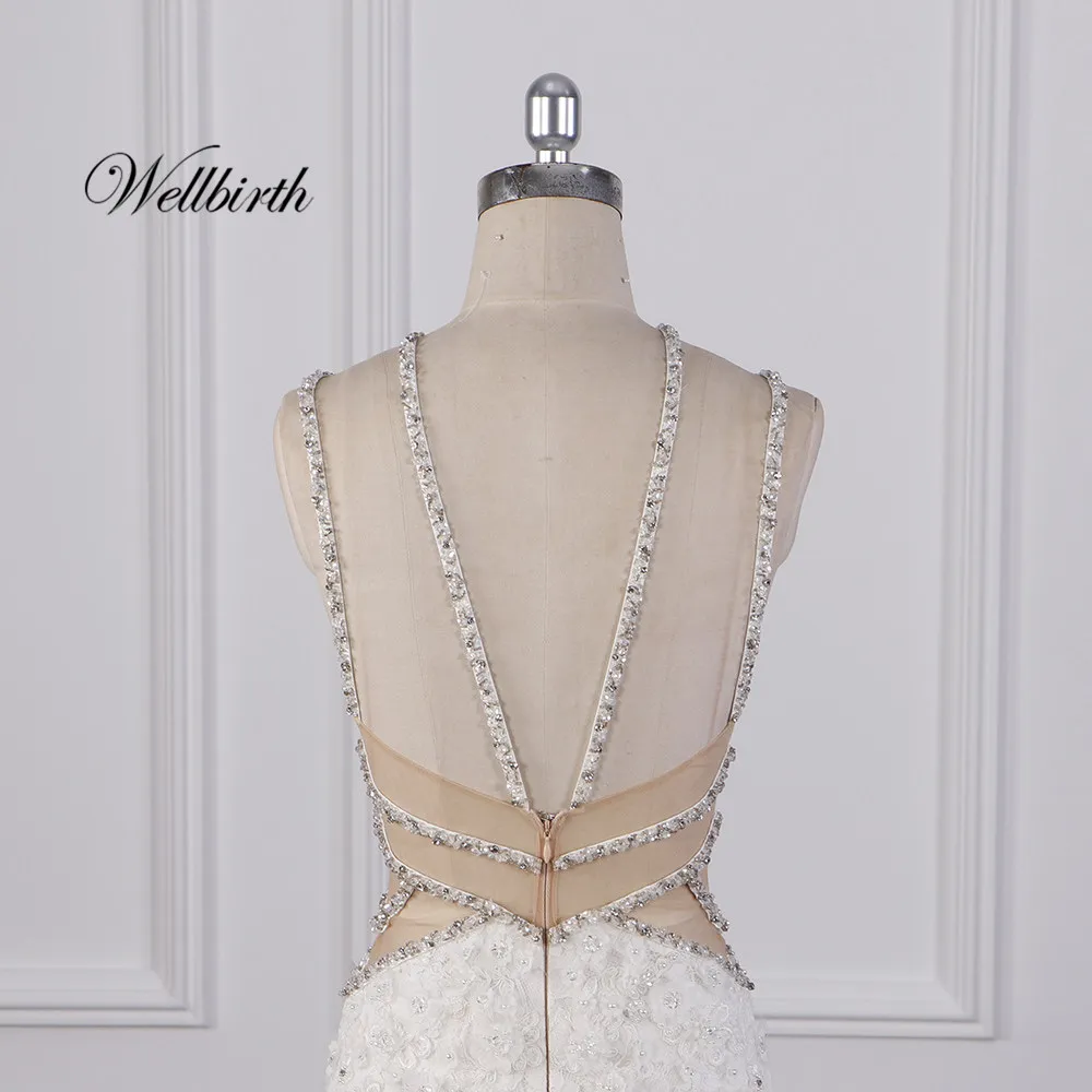 100% реальное изображение Wellbirth Vestido de novia v-образный вырез tull молния сзади Русалка