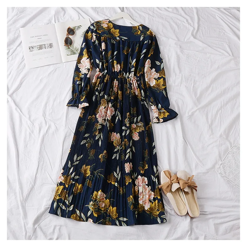 Платье женское шифоновое Плиссированное с цветочным принтом пикантный длинный