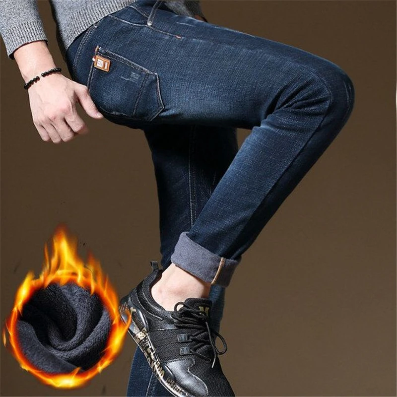 DIMI Classic Casual Denim Fleece Trousers Male Blue Winter Jeans Mens Slim Fit Thick Velvet Pants Warm Men Skinny Cowboy