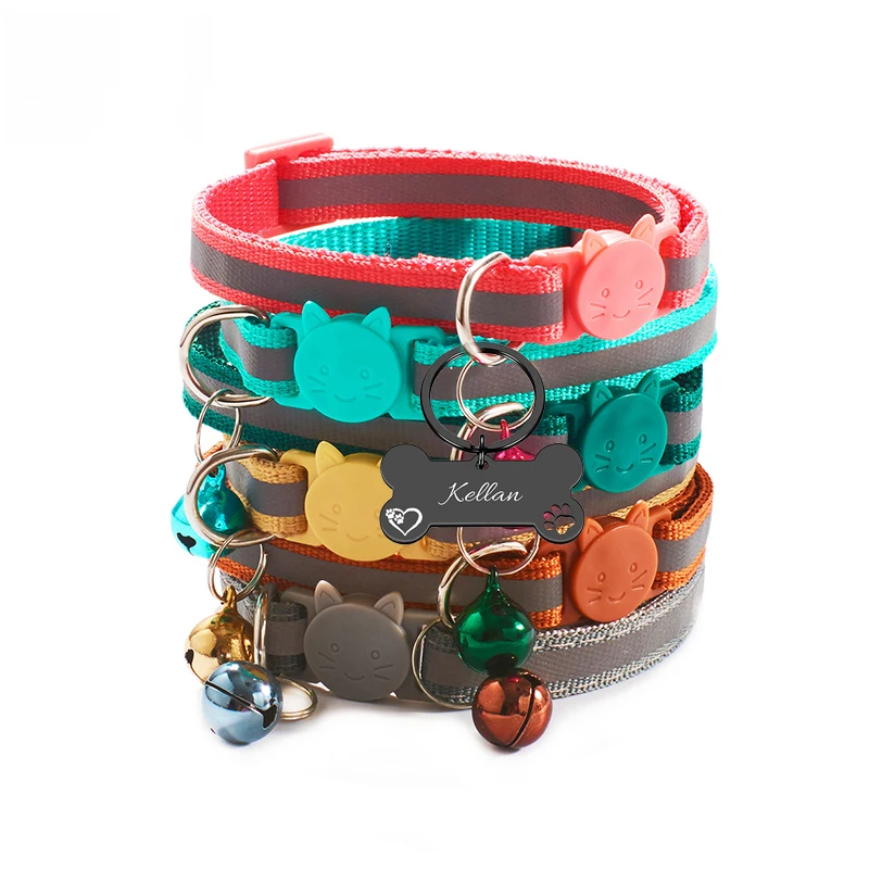 

2Pcs/set Reflective Pet Collar Personalized Cat Dog Collars with Bell Adjustable Collar Free Custom Engraving Pet ID Tags Perros