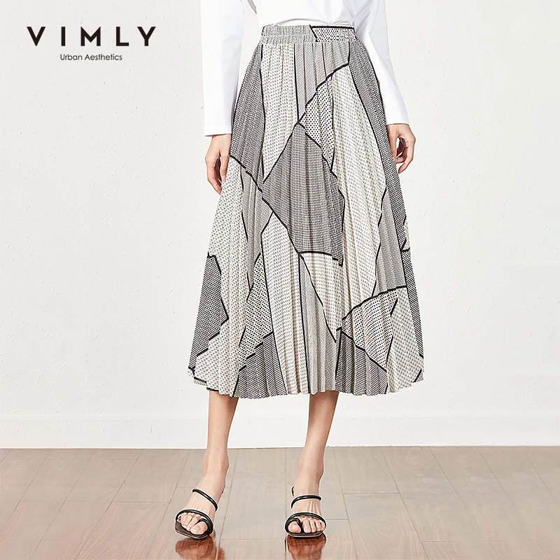 

Vimly Spring Summer Pleated Skirt For Women New Printed High Waist Loose Aline Long Skirts Office Lady Elegant Bottom F6180