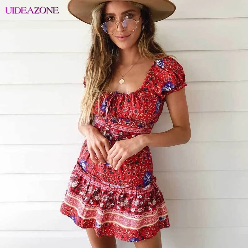 UIDEAZONE Boho Print Women 2Pcs Set Bohemian Square Collar Crop Top Mini Skirt Suits Vintage Ethnic Femme Summer 2 Piece | Женская