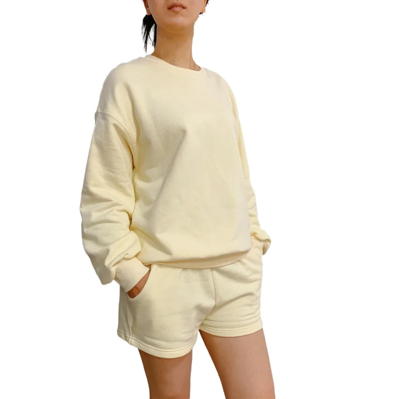 

Women Cotton Fleece Drop Shoulder 2 Piece Set Outfit Sweat Suit Loungewear Oversized Pullover Sweatshirt and Jogger Short Set