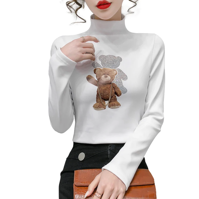 

2021 Spring Winter Bear printed Turtleneck Warm T-Shirt Tops Long Sleeve Thick T Shirt 100% Cotton Ladies Tee Shirt Plus Size