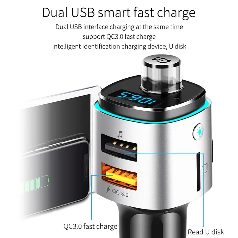 Fm-передатчик Автомобильный Bluetooth беспроводной QC 3,0 быстрое зарядное устройство двойной USB Громкая связь MP3-плеер U диск TF кард-ридер автомобильное зарядное устройство