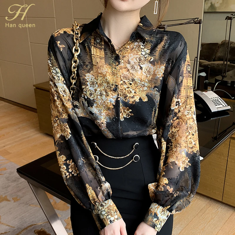 

H Han Queen New Arrival Loose Print Embroidery Shirt Women Blouses Casual Tops Chiffon Blouse Loose Simple Basic Shirts Female