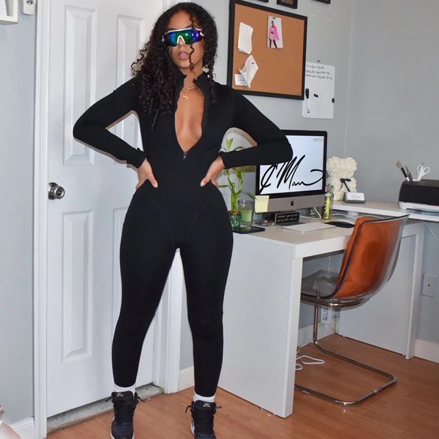 

2020 Solid Zipper Casual Sporty Workout Women One Piece Jumpsuits And Rompers Skinny Long Sleeve Bodycon Jumpsuit