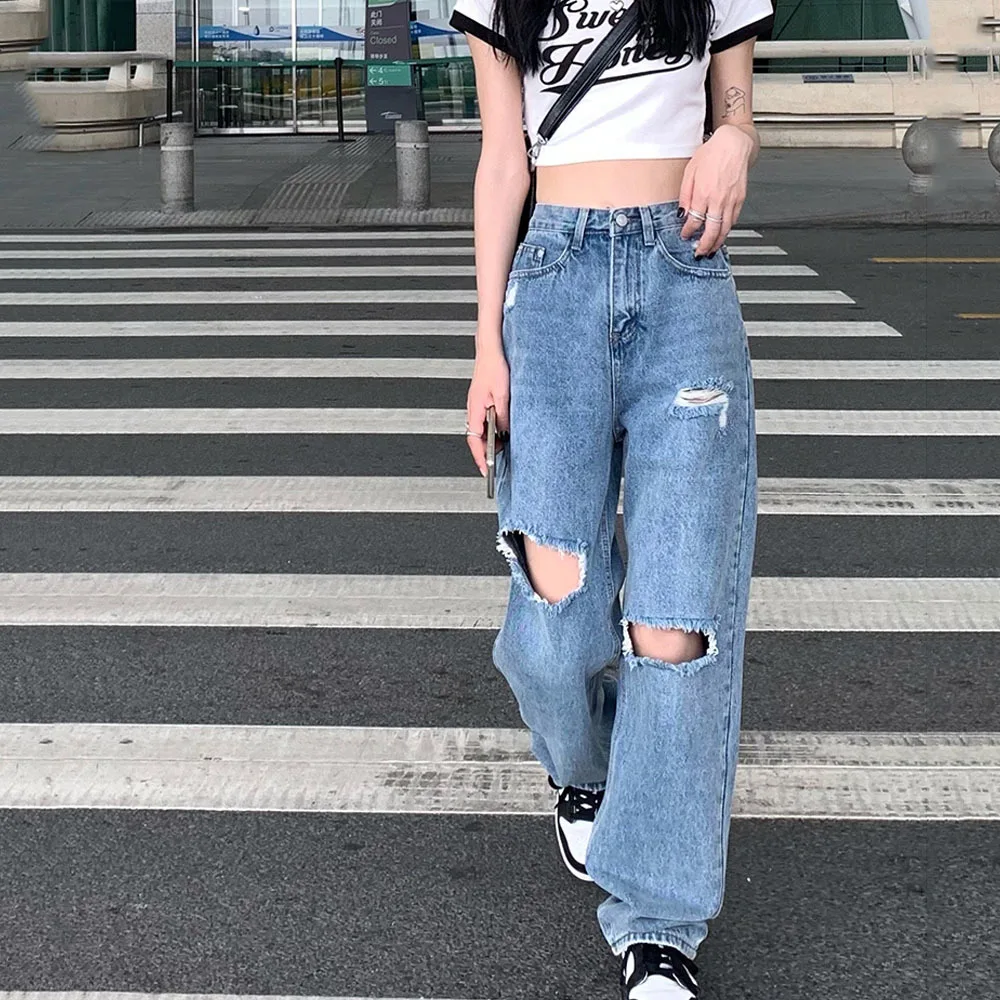 

Синие прямые рваные джинсы с широкими штанинами, женские модные джинсы с высокой талией, модная уличная одежда, ковбойские брюки, лето 2021