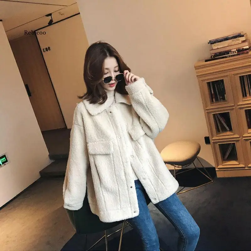 

Elegant Faux Fur Coat Women Autumn Winter Warm Soft Button Fur Jacket Female Plush Overcoat Pocket Casual Teddy Outwear