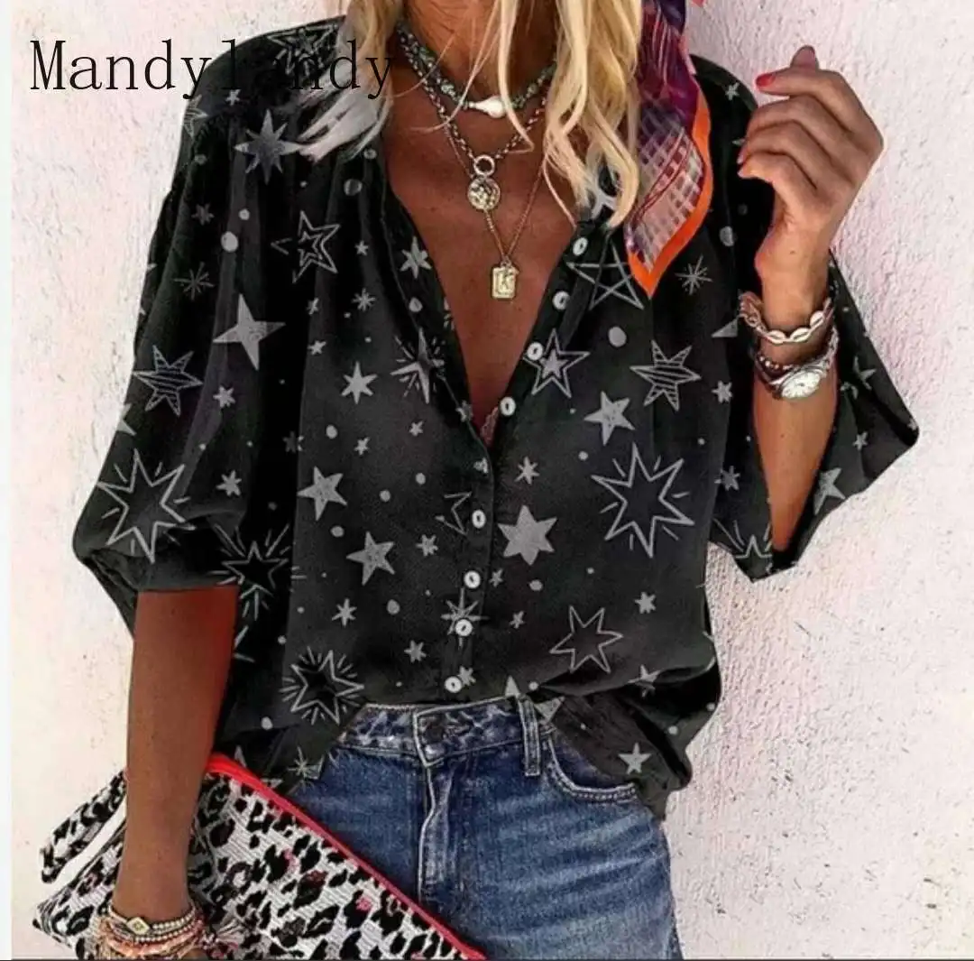 

Mandylandy Shirt Women's Casual Half Lantern Sleeve Single-Breasted Shirt Summer Fashion Print Loose Turn-down Collar Shirt