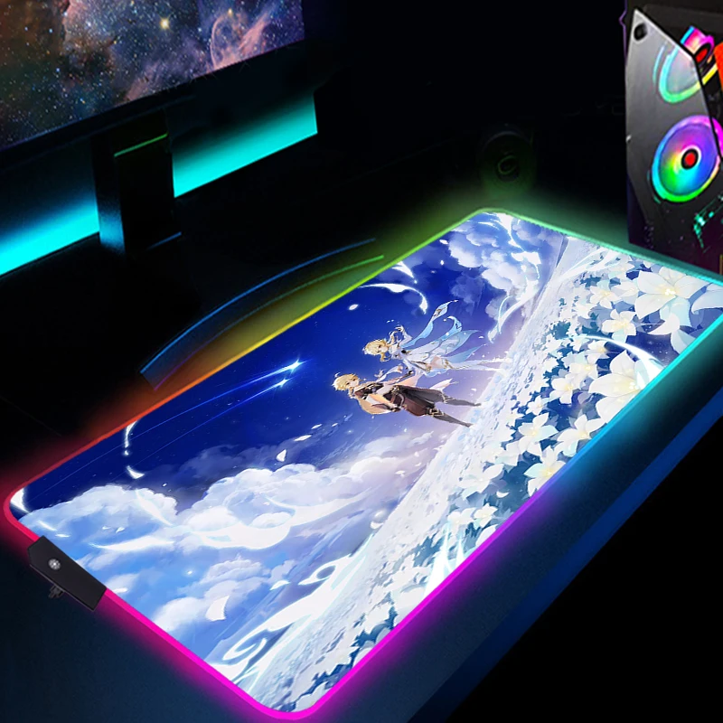 

RGB Genshin Impact Mouse Pad Large 900x400 Carpet Game Computer alfombrilla XXL Led Backlit Varmilo Mousepad Keyboard Desk Mat