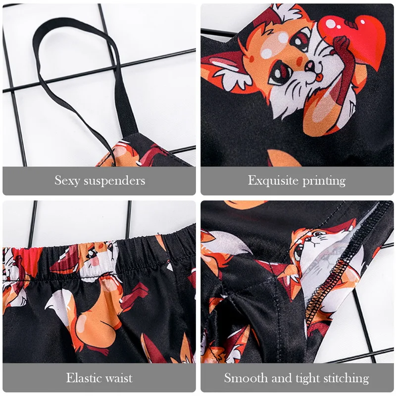

Cute Pajamas Robes Satin Kimono Bathrobe Bridesmaid for Women Sexy Nightgown V-neck Tops with Belt Fox Printing Sleepwear