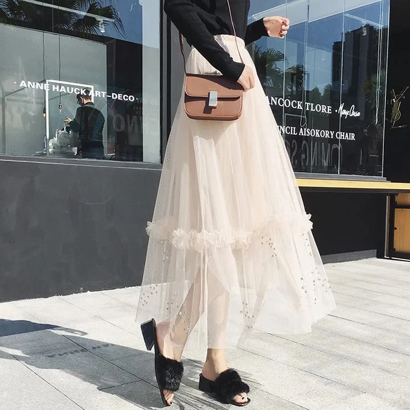 

Fashion Beaded Ruffle Mesh Skirts Casual Sweet A-line Pleated Tulle Skirts Summer High Waist Elastic Streetwear Harajuku Skirts