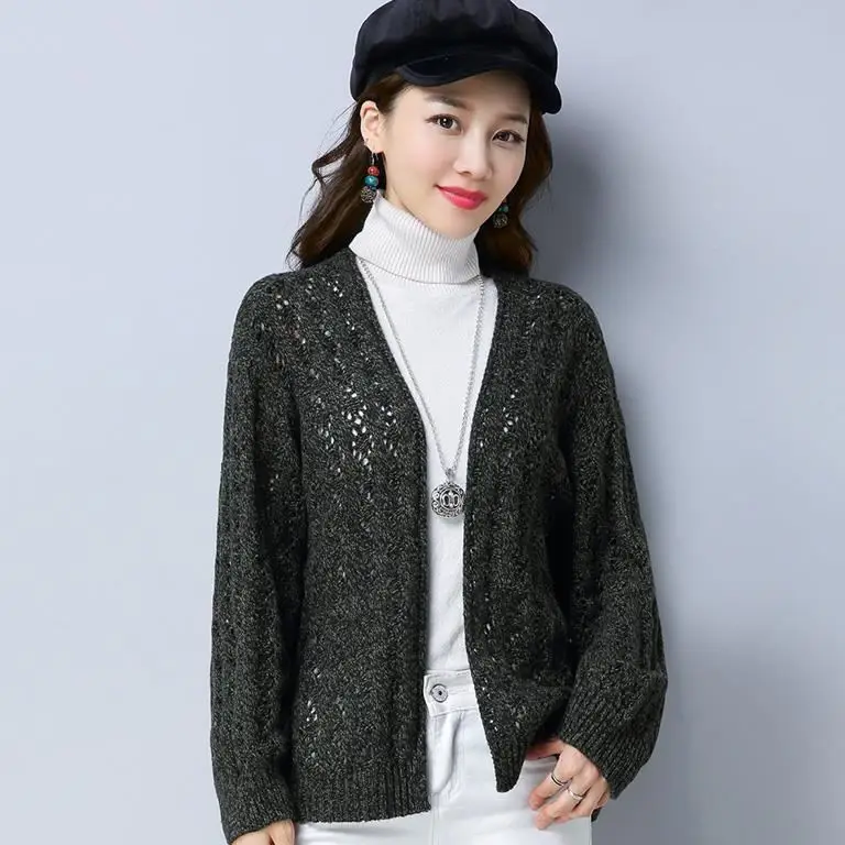 

2021 spring and autumn new hollow knitted cardigan women's loose short sweater coat versatile long sleeve top summer