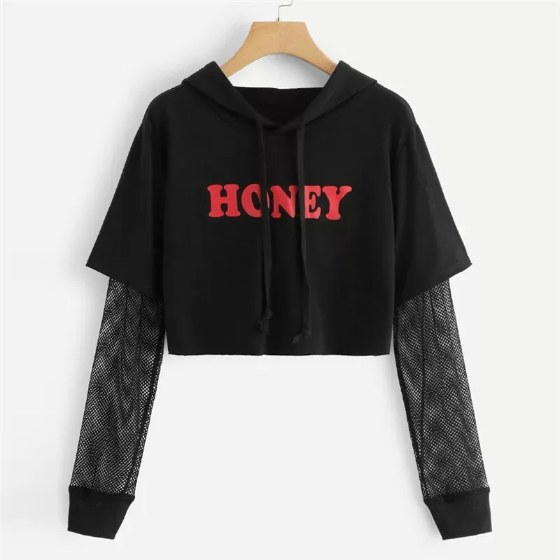 

Fashion Womens Letters Mesh Long Sleeve Hoodie Sweatshirt Pullover Tops