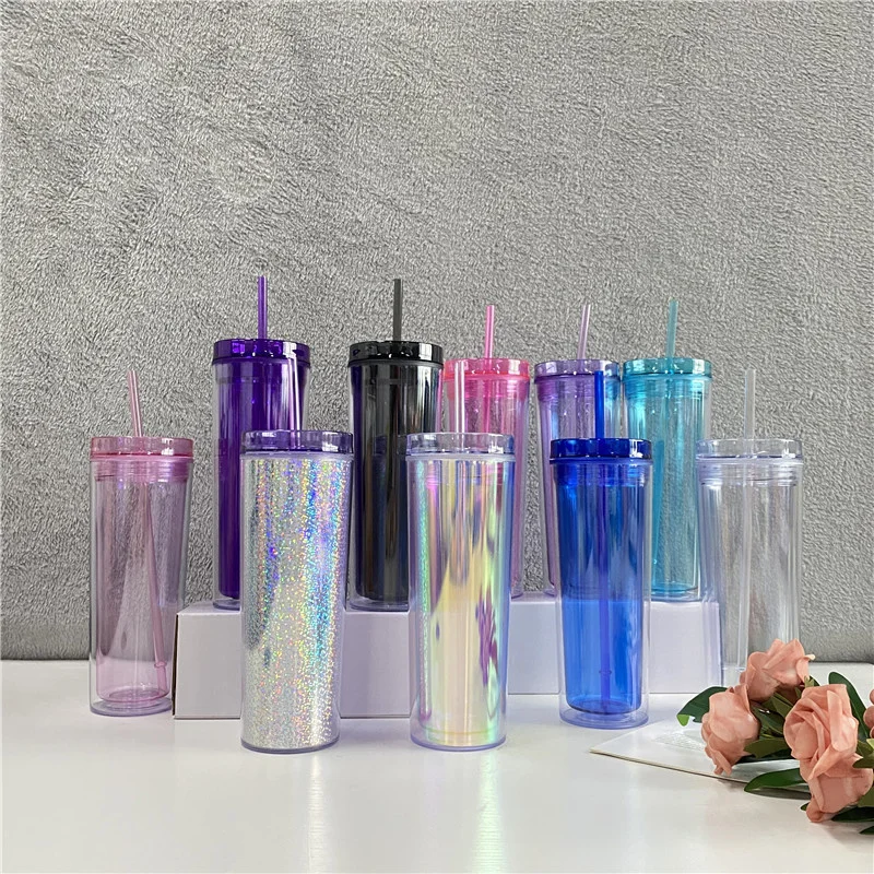 

16oz AS Plastic axle straight-up cup double Straw Ice cup crystal Bride water bottle with lid and straw BPA free