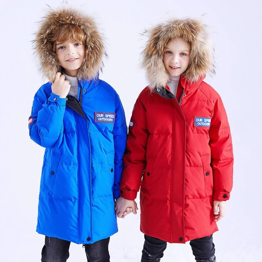

-30℃ Wholsale Children Down Coat Winter New Hooded Snow Wear Thicker Warm Outwear Real Fur Collar Modis Kids Down Jacket Y2104