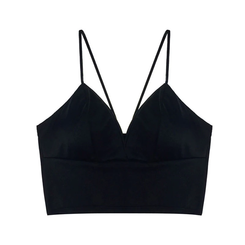 

Women Vogue Bralette Crochet Elasticity Top Lady Spaghetti Strap T-shirt Cropped With Chest Padded Camisole Sexy Satin Crop Tops
