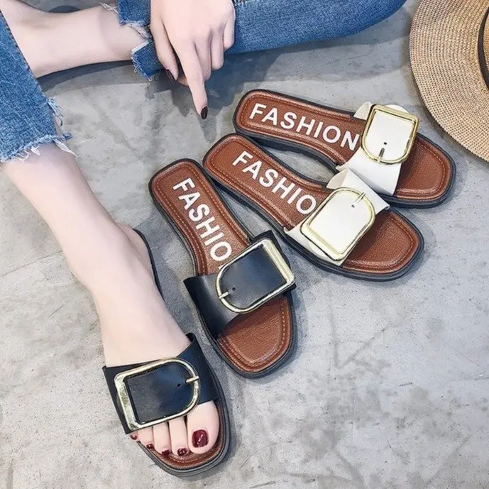 Women's Fashion  Slippers Flat Flat-heel Metal Buckle Slippers Beach Shoes Woman Slippers Shoes for Women Women Shoes