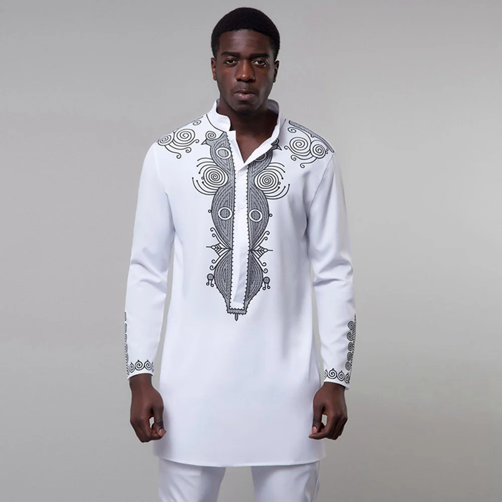 Opslea Dashiki африканская Мужская рубашка с длинным рукавом и стоячим воротником Bazin Riche с национальным этническим принтом Одежда Повседневная приталенная рубашка