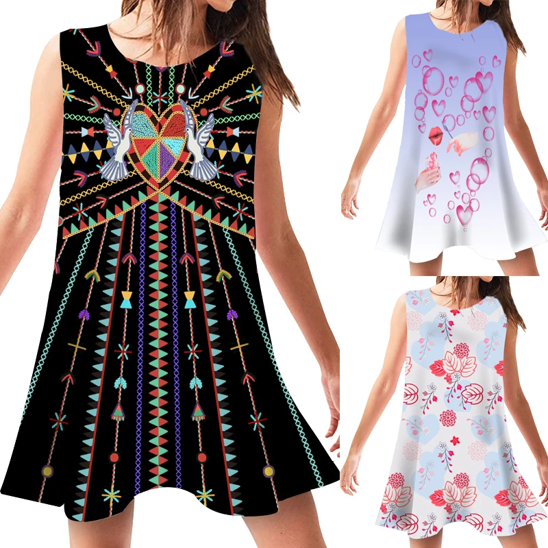 2019 летнее платье повседневное винтажное с принтом круглый вырез без рукавов