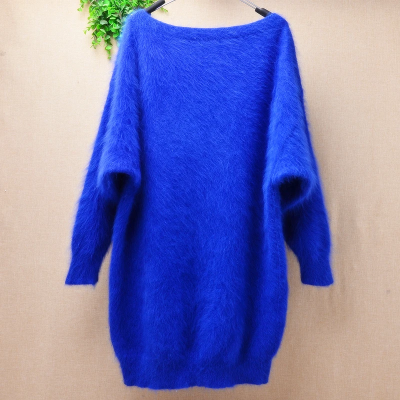 

First Sale women female elegant medium-long mink cashmere knittwear bottoming clothes fuzzy hair sweater pullover dress blue