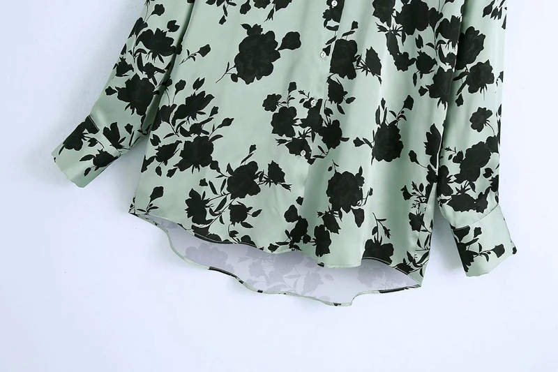 

Elegant Women Floral Print Shirts 2020 Fashion Ladies Green Satin Tops Streetwear Female Chic Turn Down Collar Loose Blouse