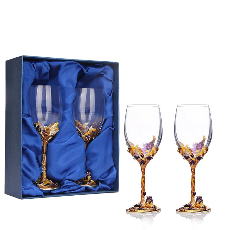 

High-grade Crystal Champagne Flutes Stand Metal with Enamel Creative Style Goblet Glass Wedding Birthday Gifts shot glasses set
