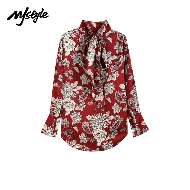 

MJstyle 2021 Новый год Рождество INS модная женская элегантная тонкая рубашка с длинным рукавом аскотский воротник красный цветочный принт 820310007