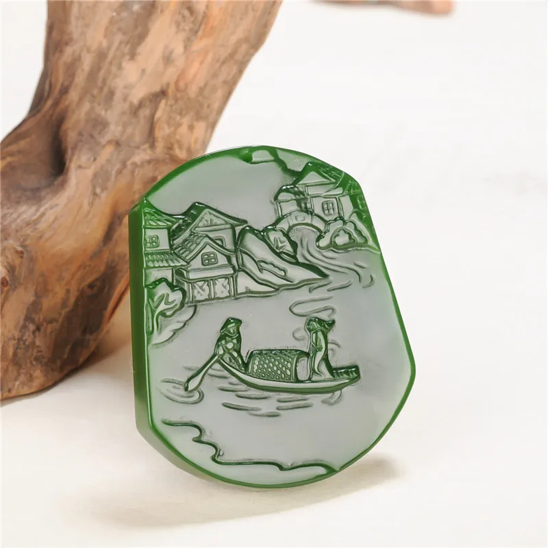 Китайский природный пейзаж зеленый нефрит кулон ожерелье ручной резной Шарм