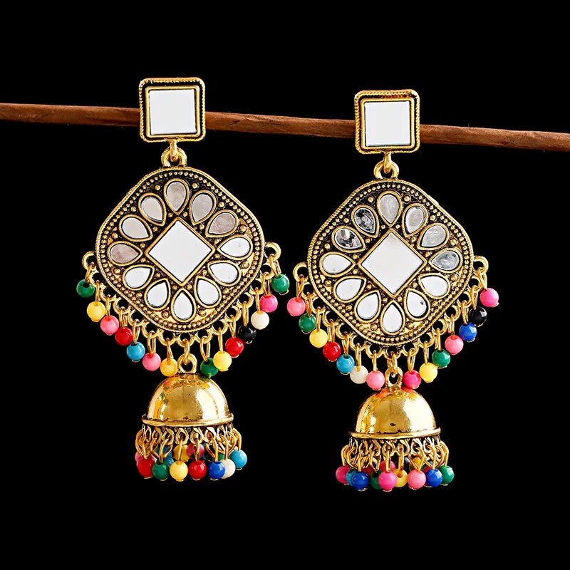 Цыганские серьги с жемчужинами и кисточками в индийском стиле Jhumka для женщин, богемные Ретро Золотые Зеркальные колокольчики, тибетские сережки oorbellen