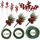 Рождественский Декор из сосны 5,5 м, зеленая Гирлянда для дома, венок, красные ягоды, искусственная рождевечерние елка, ротанговый баннер, подвесное украшение