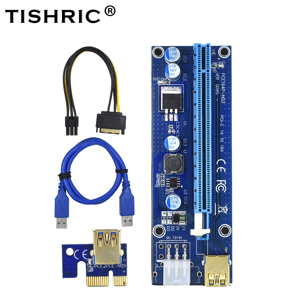 

TISHRIC VER009S PCI Express PCIE PCI-E Riser Card 009s Molex 1X 16X 6Pin to SATA USB 3.0 Adapter For BTC ETH Mining Miner