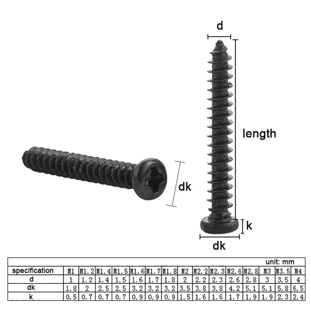 100 pcs/lot Cross Round Head Phillips Self-tapping Screw M1 M1.2 M1.4 M1.5 M1.7 M2 M2.3 M2.6 M3 M3.5 M4 M5 Black Carbon Steel images - 6