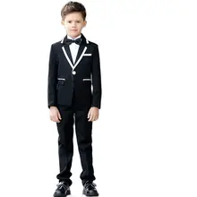Trajes negros de solapa de 2 piezas para niño, traje ajustado para niño, vestido de boda, esmoquin para novio, trajes de graduación para niño, chaqueta + Pantalones + pajarita (3)