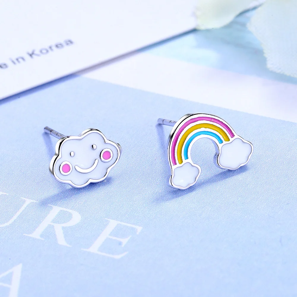 

Simple Cute Rainbow Cloud Asymmetric Stud Earrings 925 Sterling Silver Earring Jewelry For Girls Dropshipping